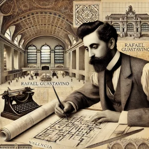 A detailed architectural illustration of Rafael Guastavino working on a blueprint